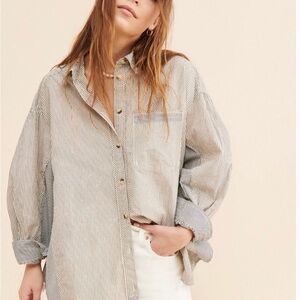 Free People Striped Button Down Shirt - Cream and Gray